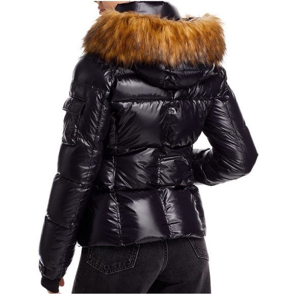 Aqua black puffer zip up jacket detachable faux tan fur trimmed hoodie small - Picture 2 of 16